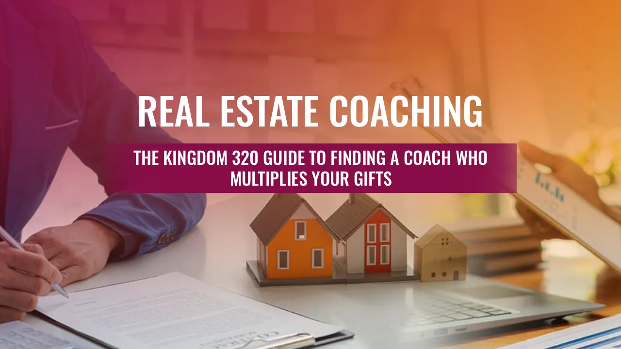 Real estate coaching guide featuring houses and a person writing notes, emphasizing coaching to enhance skills.