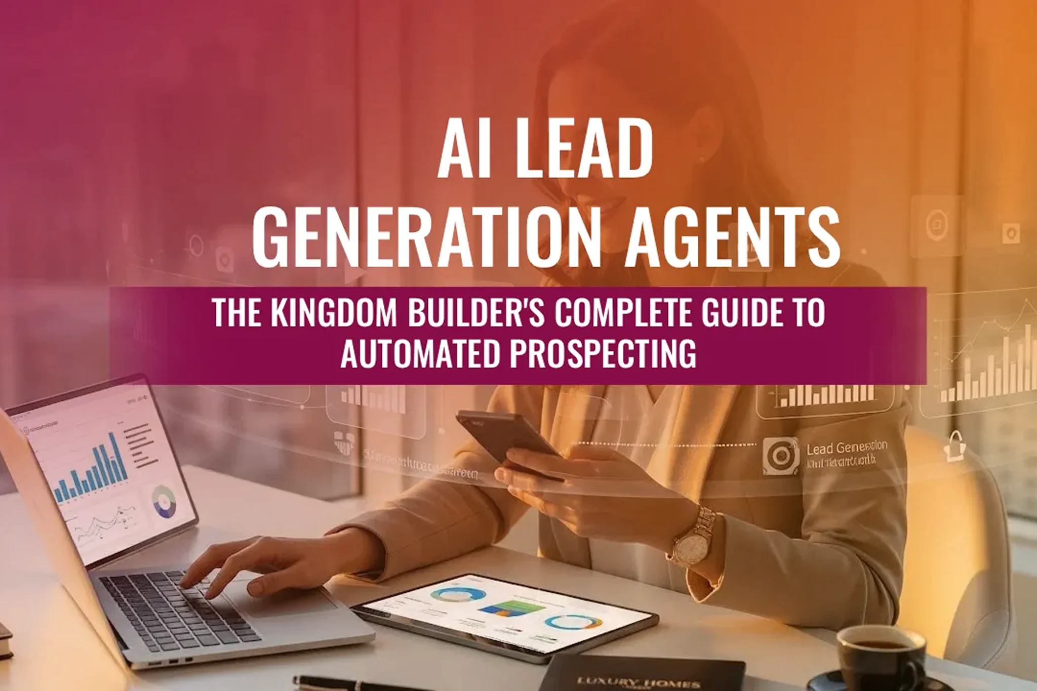 A professional woman using a laptop and smartphone for AI lead generation and automated prospecting strategies.
