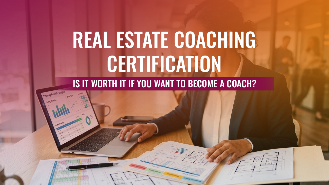 A professional reviewing real estate coaching certification materials on a laptop, analyzing data and charts for coaching success.