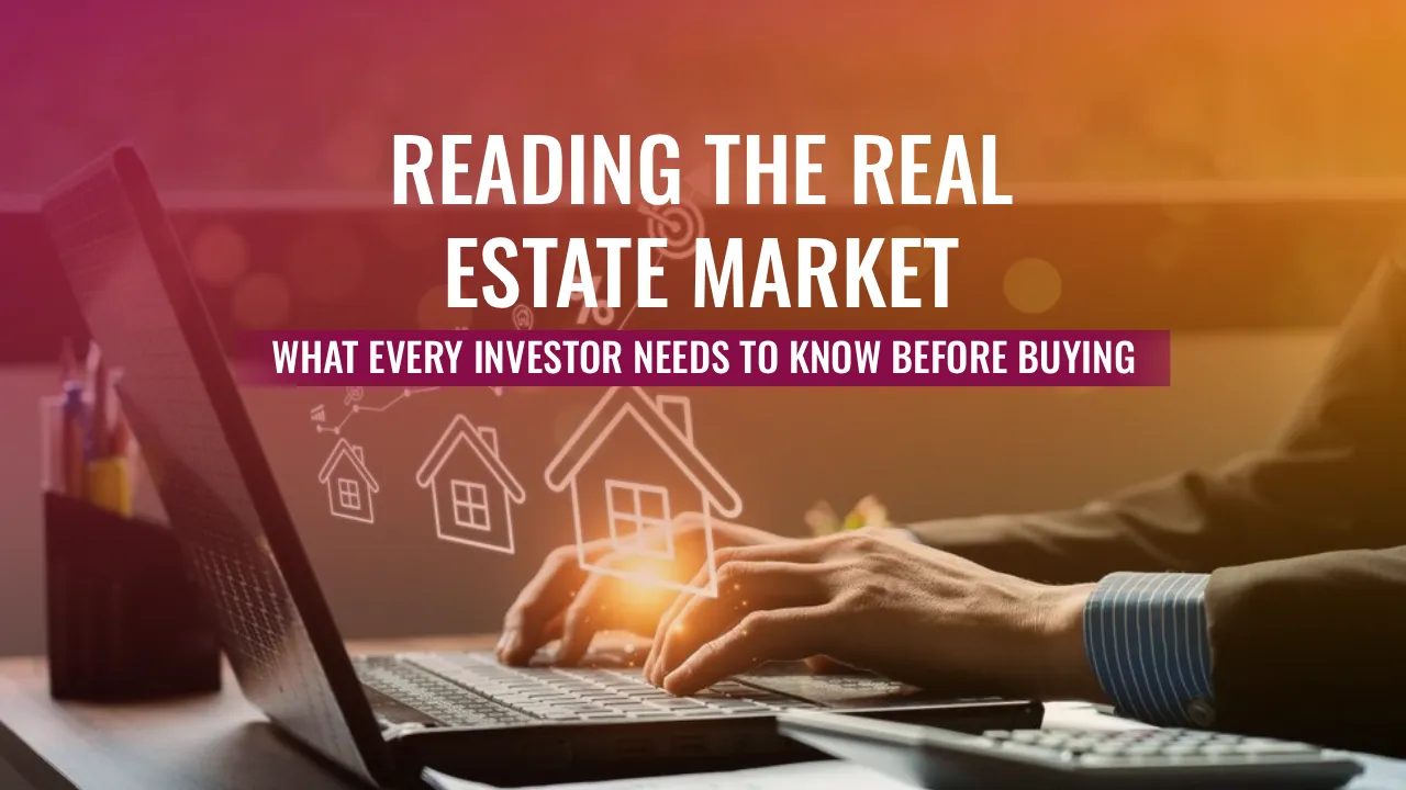 A person types on a laptop with a digital overlay of house icons, titled Reading the Real Estate Market: What Every Investor Needs to Know Before Buying.