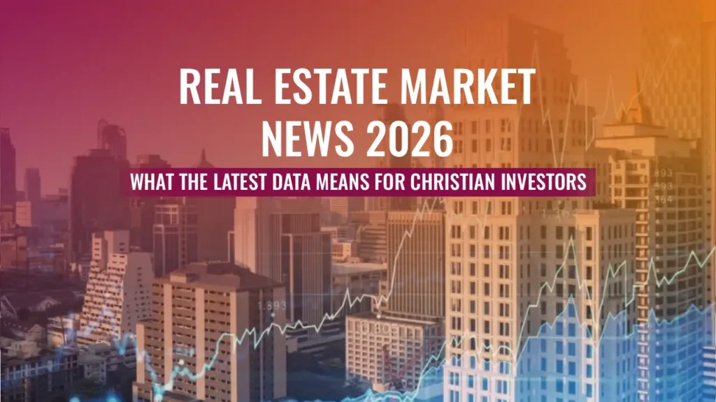A city skyline background with a financial graph overlay and the text Real Estate Market News 2026: What the latest data means for Christian investors.