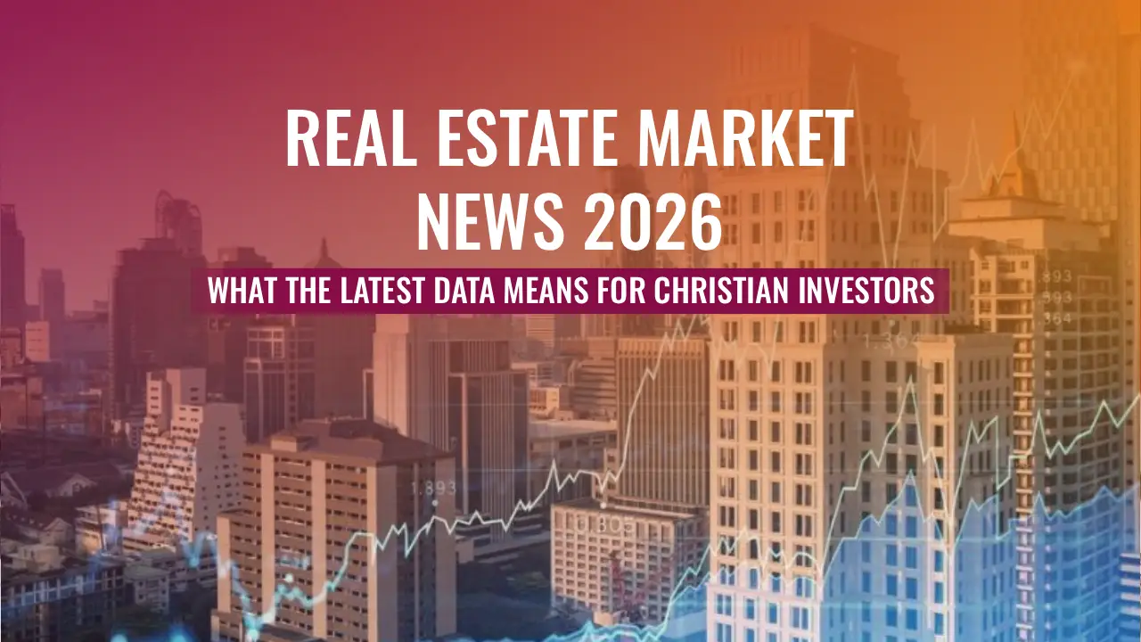 A city skyline background with a financial graph overlay and the text Real Estate Market News 2026: What the latest data means for Christian investors.