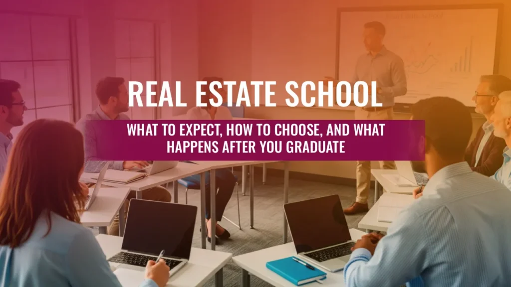 A professional instructor leads a real estate school class with students sitting at desks with laptops in a bright, modern office training room.