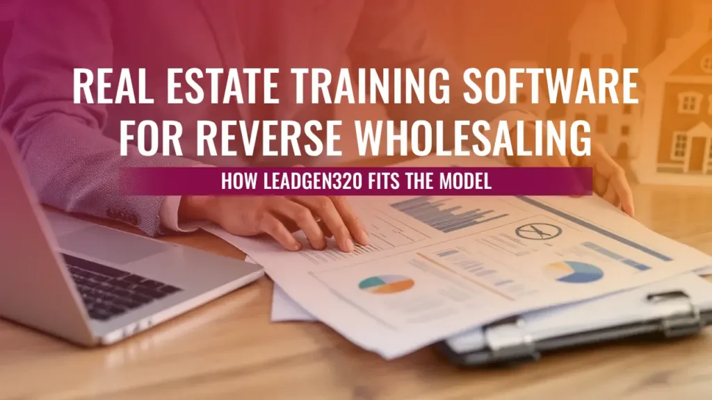 A person in a suit reviews financial charts on a desk with a laptop, promoting LeadGen320 software for real estate reverse wholesaling training.