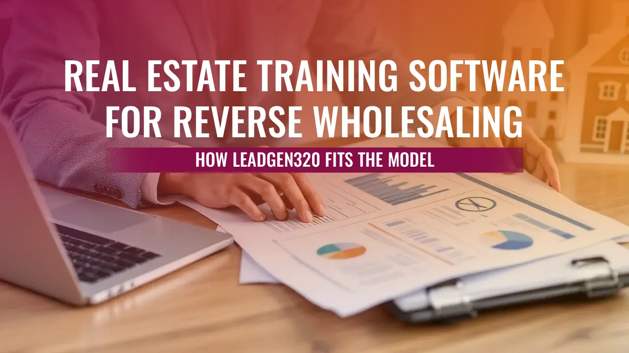 A person in a suit reviews financial charts on a desk with a laptop, promoting LeadGen320 software for real estate reverse wholesaling training.