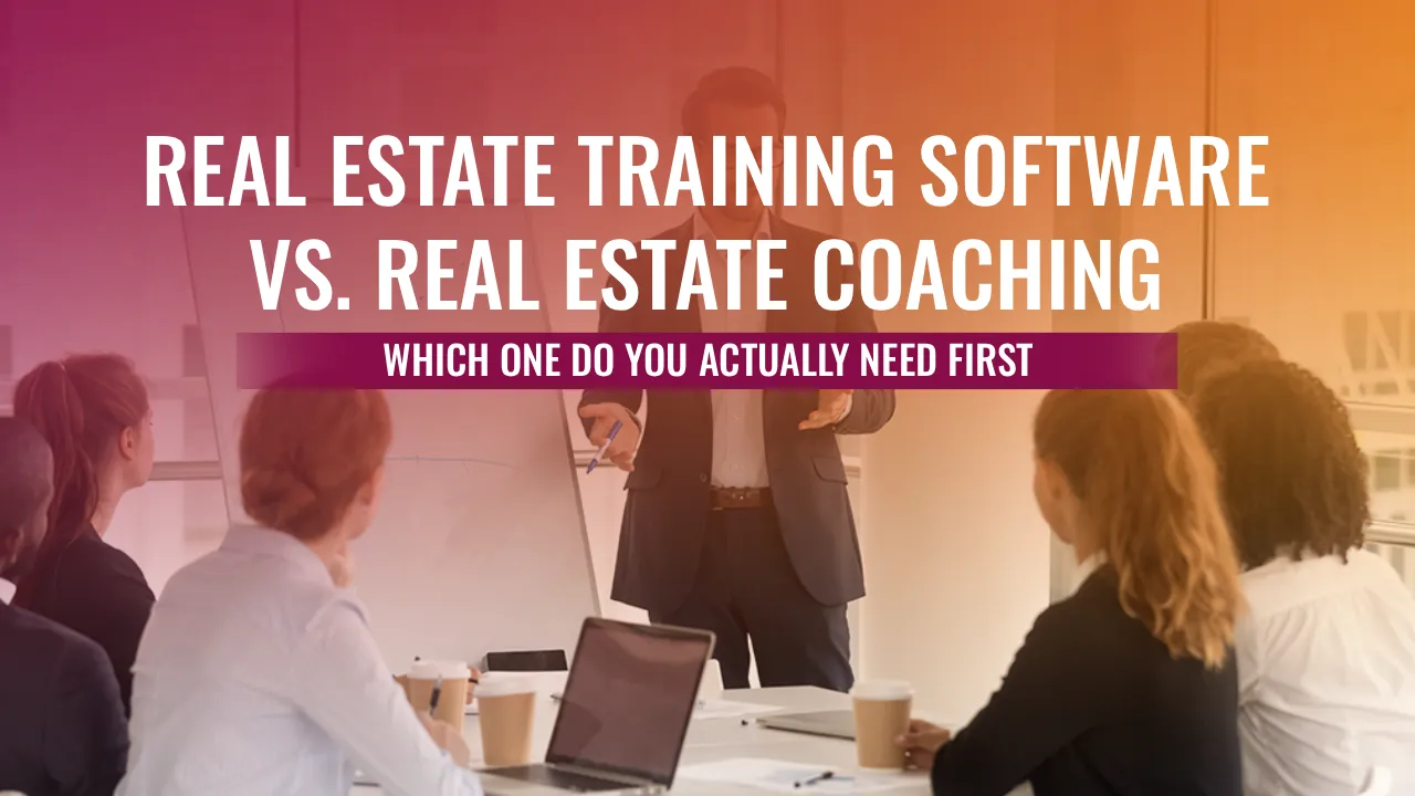 A business professional presents to a group in a conference room, with text overlay reading Real Estate Training Software vs. Real Estate Coaching.