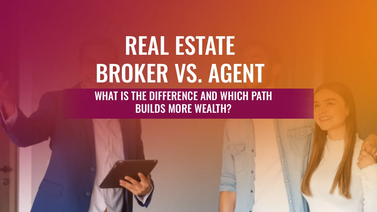 A professional real estate broker shows a house to a young couple, with overlay text asking about the differences between a broker and an agent.